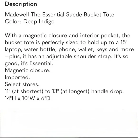 Madewell “The Essential” navy suede bucket bag deep indigo blue, gold buckle NEW - Picture 8 of 13